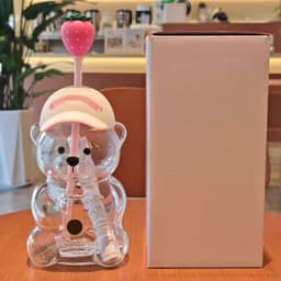 DÂU TÂY ( KÈM ẢNH THẬT ) Cốc Thủy Tinh Gấu Starbucks Đội Mũ Kèm Ống Hút 600ml Ly Thủy Tinh Starbucks Gấu Cốc Uống Nước 2