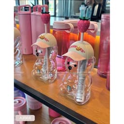 DÂU TÂY ( KÈM ẢNH THẬT ) Cốc Thủy Tinh Gấu Starbucks Đội Mũ Kèm Ống Hút 600ml Ly Thủy Tinh Starbucks Gấu Cốc Uống Nước 5