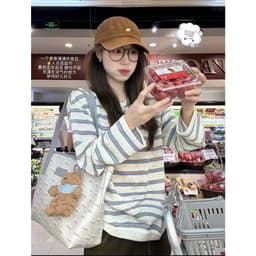 DÂU TÂY ( KÈM ẢNH THẬT ) Áo Thun Nữ Dài Tay Kẻ Ngang EGG Áo Phông Nữ Dài Tay Kẻ Sọc Ngang Dáng Rộng 3