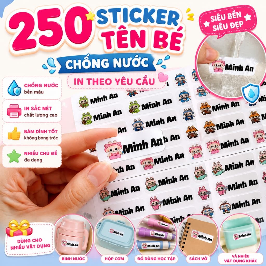 Sticker Tên Bé Chống Nước In Theo Yêu Cầu - Nhãn Dán Tên Học Sinh Dán Sách Vở, Bình Nước, Đồ Dùng Học Tập Tiệm In Hadana