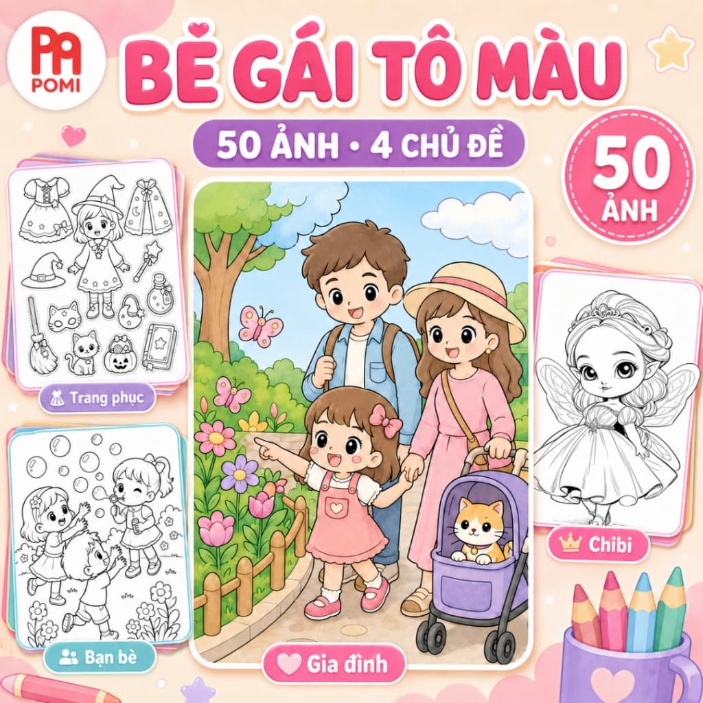 50 Tranh tô màu dành cho bé gái nhiều chủ đề đáng yêu gia đình bạn bè quần áo - Đồ chơi POMI