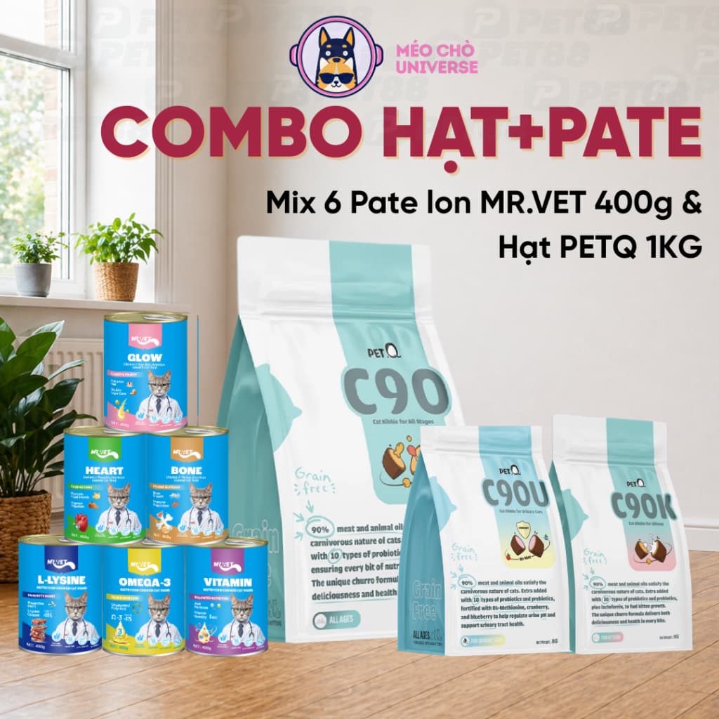 Combo hạt PETQ 1KG+6 lon pate MRVET 400g phát triển toàn diện cho mèo mọi lừa tuổi-Méo Chò Uni