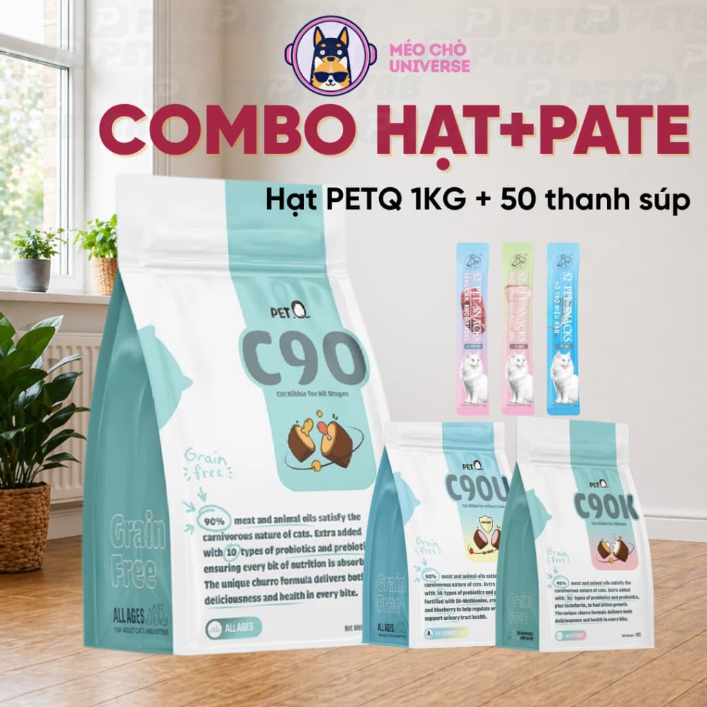 Combo hạt PETQ 1KG+50 thanh súp S2PET chăm sóc hệ tiết niệu, tiêu búi lông cho mèo-Méo Chò Uni
