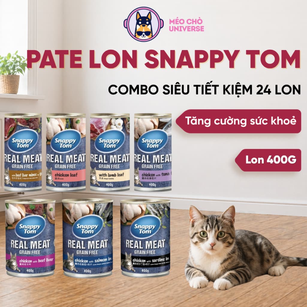 Combo 24lon siêu tiết kiệm Pate Cho Mèo Snappy Tom Real Fish 400g từ thịt thật giúp mèo phát triển toàn diện-Méo Chò Uni