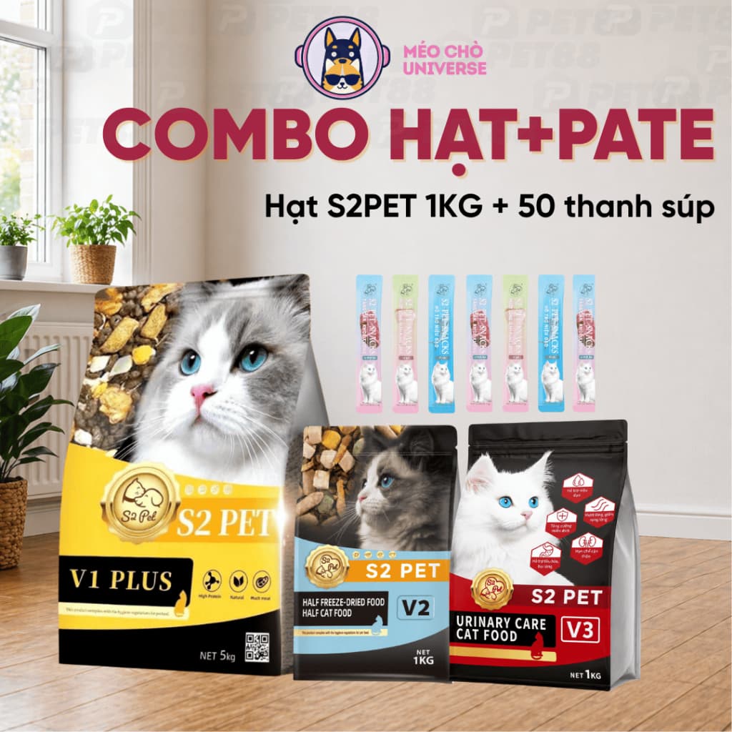 Combo hạt S2PET 1KG+50 súp thưởng S2PET siêu topping kích thích thèm ăn cho mèo-Méo Chò Uni