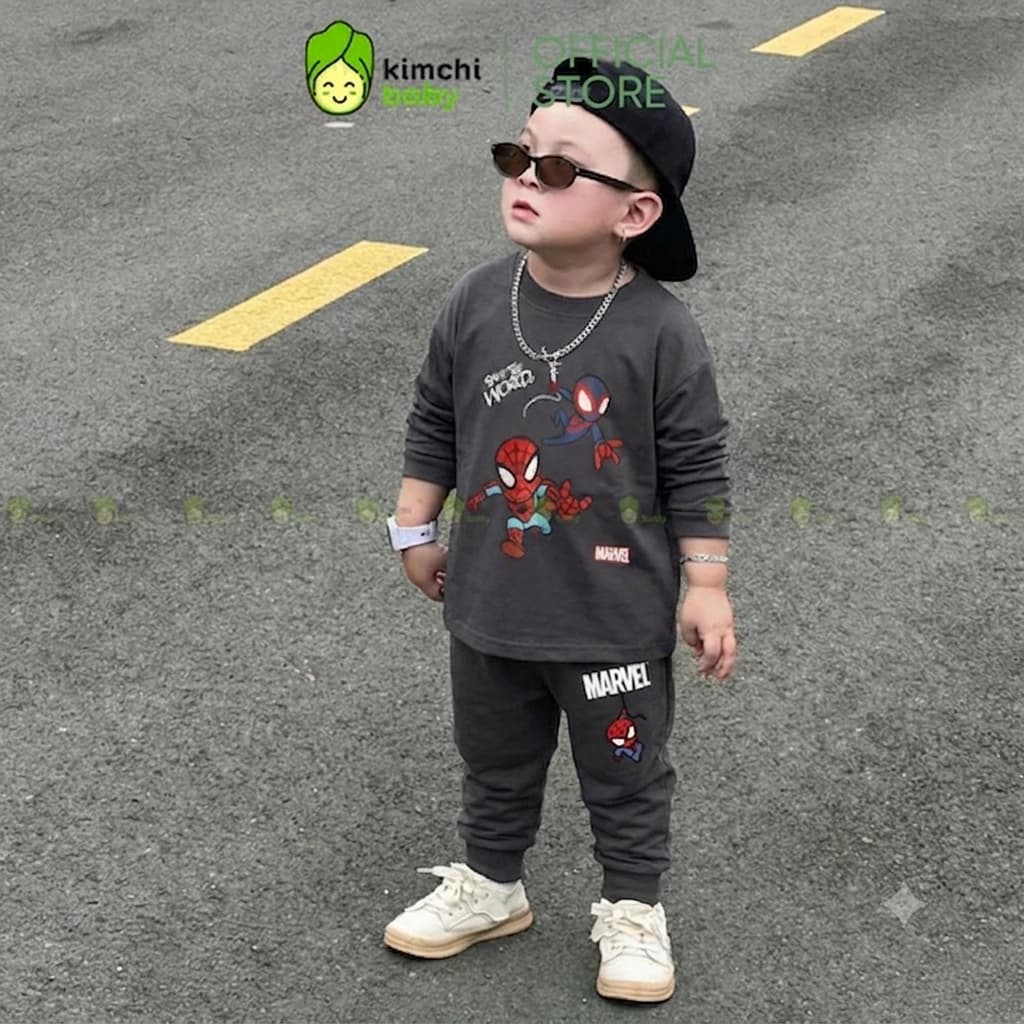 [10-29KG] Bộ Dài Tay Cho Bé Trai KIMCHIBABY Vải Cotton Cao Cấp 190gsm Mềm Mịn Họa Tiết Siêu Nhân Người Nhện KD601