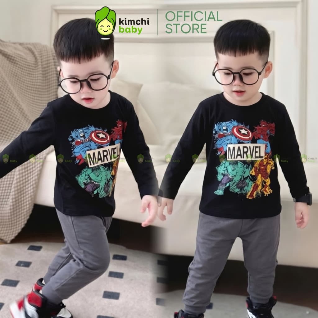 [10-29KG] Bộ Dài Tay Cho Bé Trai KIMCHIBABY Vải Cotton Cao Cấp 190gsm Mềm Mịn Họa Tiết Siêu Nhân, Người Sắt KD601