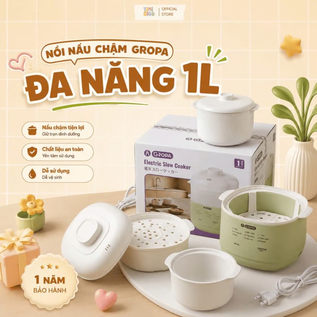 (TẶNG QUÀ) Nồi Nấu Chậm GROPA 1L 9 Chế Độ Thông Minh - Nấu Cháo, Hầm, Ninh Lõi Gốm Giữ Nhiệt Lâu, BH 12 Tháng
