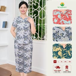 Bộ lanh trung niên Việt Thắng, bộ đồ cho bà, cho mẹ quần lửng áo cổ tàu mặc ở nhà, đi chơi  B06.6053 1