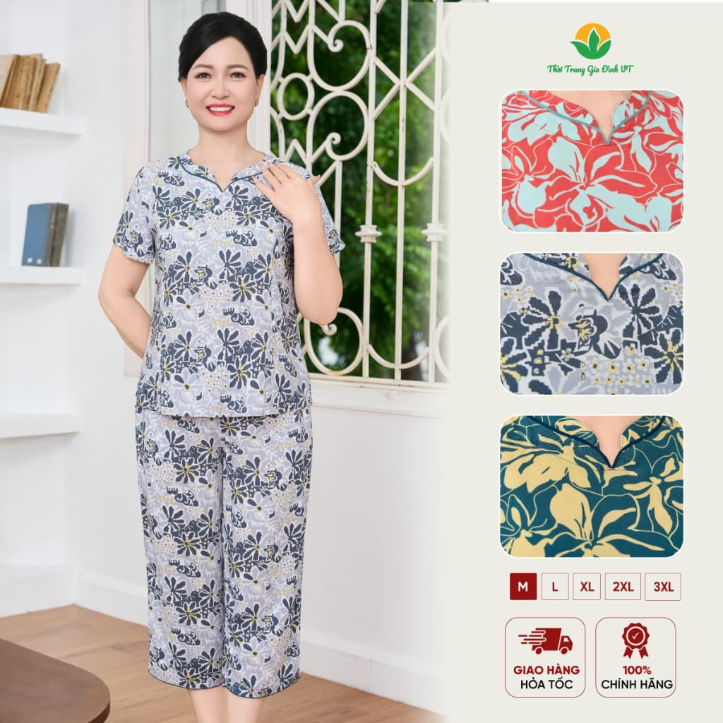 Bộ lanh trung niên Việt Thắng, bộ đồ cho bà, cho mẹ quần lửng áo cổ tàu mặc ở nhà, đi chơi  B06.6053