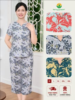 Bộ lanh trung niên Việt Thắng, bộ đồ cho bà, cho mẹ quần lửng áo cổ tàu mặc ở nhà, đi chơi  B06.6053 10