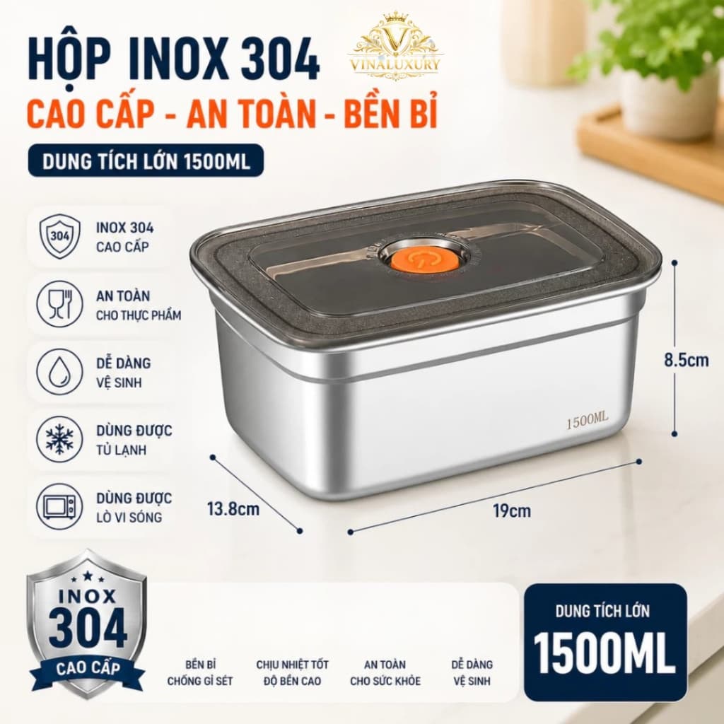 [ Combo ]10 Hộp Đựng Thực Phẩm Inox 304 Chống Rỉ Sét, Nắp Hút Chân Không Kín Mùi, Dung Tích Lớn