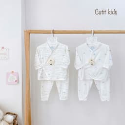 BD46. Bộ Sơ Sinh Dài Tay Vạt KIMONO 2 Lớp Kín Bụng Bé, Vải Petit Mềm Mịn Mỏng Mát Cho Bé 3-9kg 2
