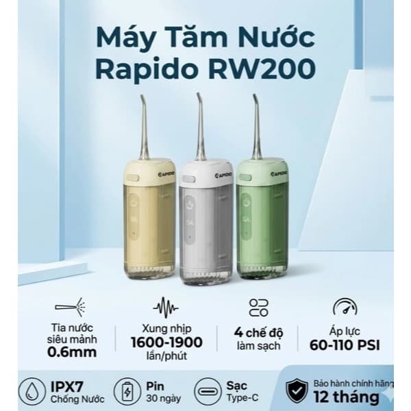 Máy Tăm Nước Cầm Tay Rapido RW200 4 chế độ xịt, chống nước IPX7 pin sạc dùng 30 ngày BH 12 tháng