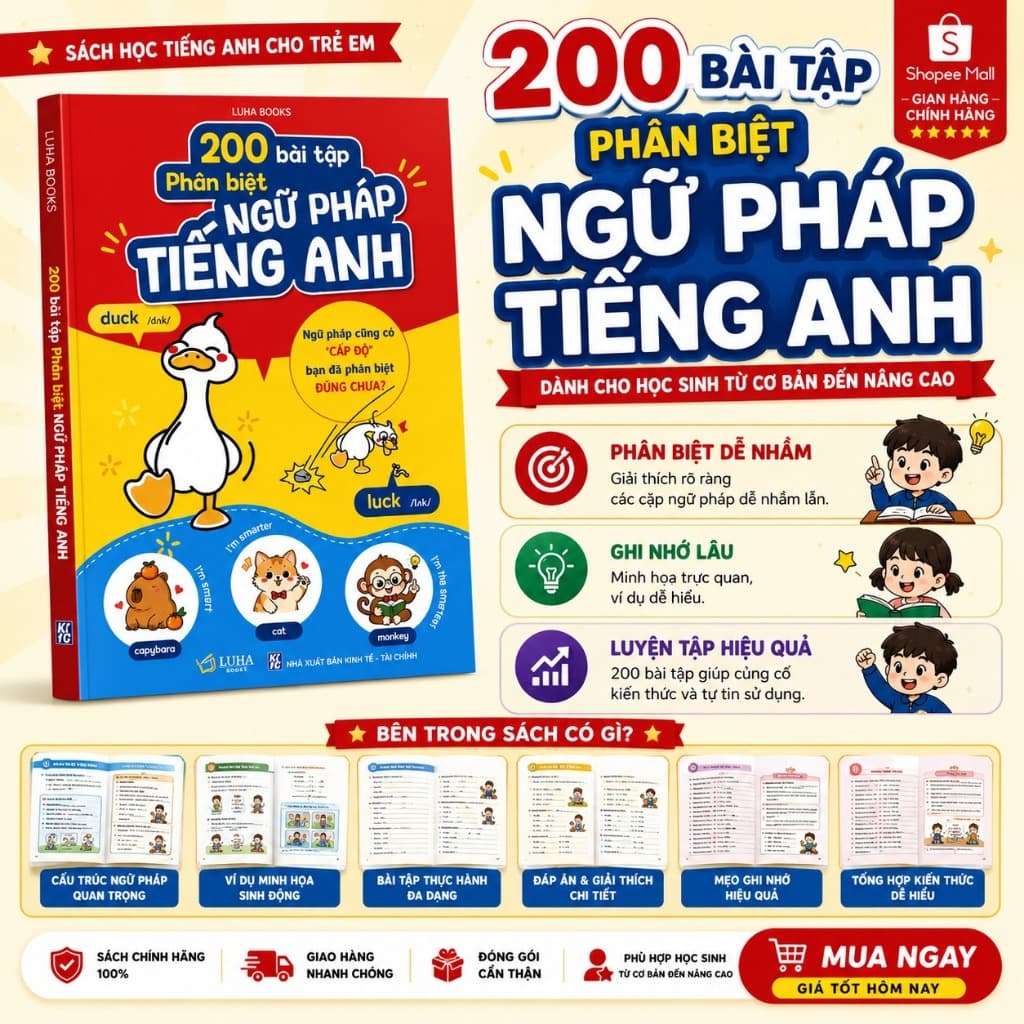 Sách - 200 Bài Tập Phân Biệt Ngữ Pháp Tiếng Anh (in màu)