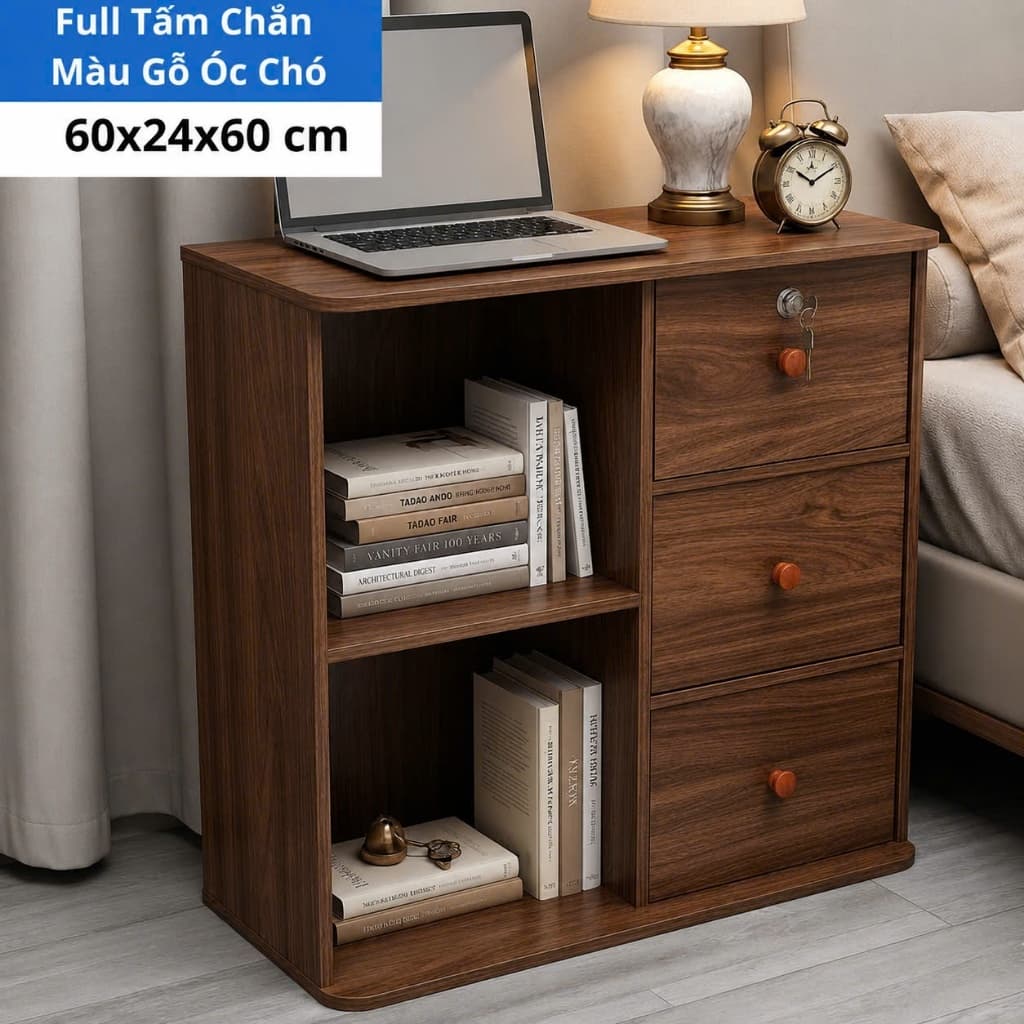 Tủ đa năng gỗ MDF phủ melamine, có khóa, màu gỗ sậm, hiện đại và sang trọng cho đầu giường.