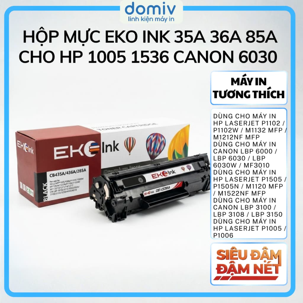 Hộp Mực Eko Ink 35A 36A 85A Cho HP 1005 1536 Canon 6030 3100 In Đậm Nét Có Lỗ Nạp Mực MIVDO