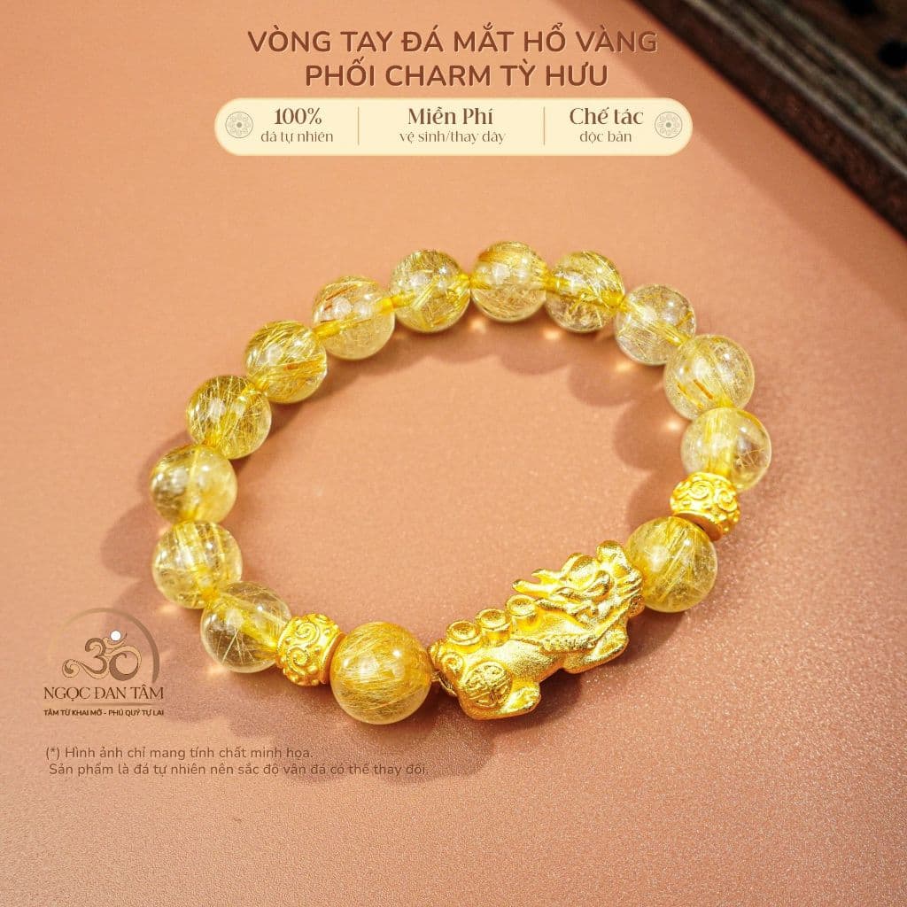Ngọc Đan Tâm - Vòng Tay Thạch Anh Tóc Vàng 9mm 7A Phối Tỳ Hưu