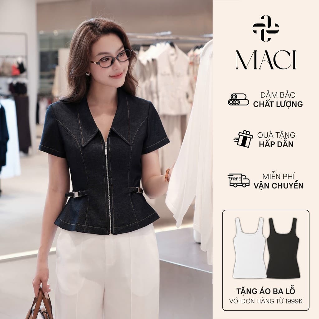 Áo Denim Khoá Đồng Cổ Nhạn Diễu Chỉ MACI MCAABXD0365 Thời Trang Nữ Thiết Kế Độc Quyền