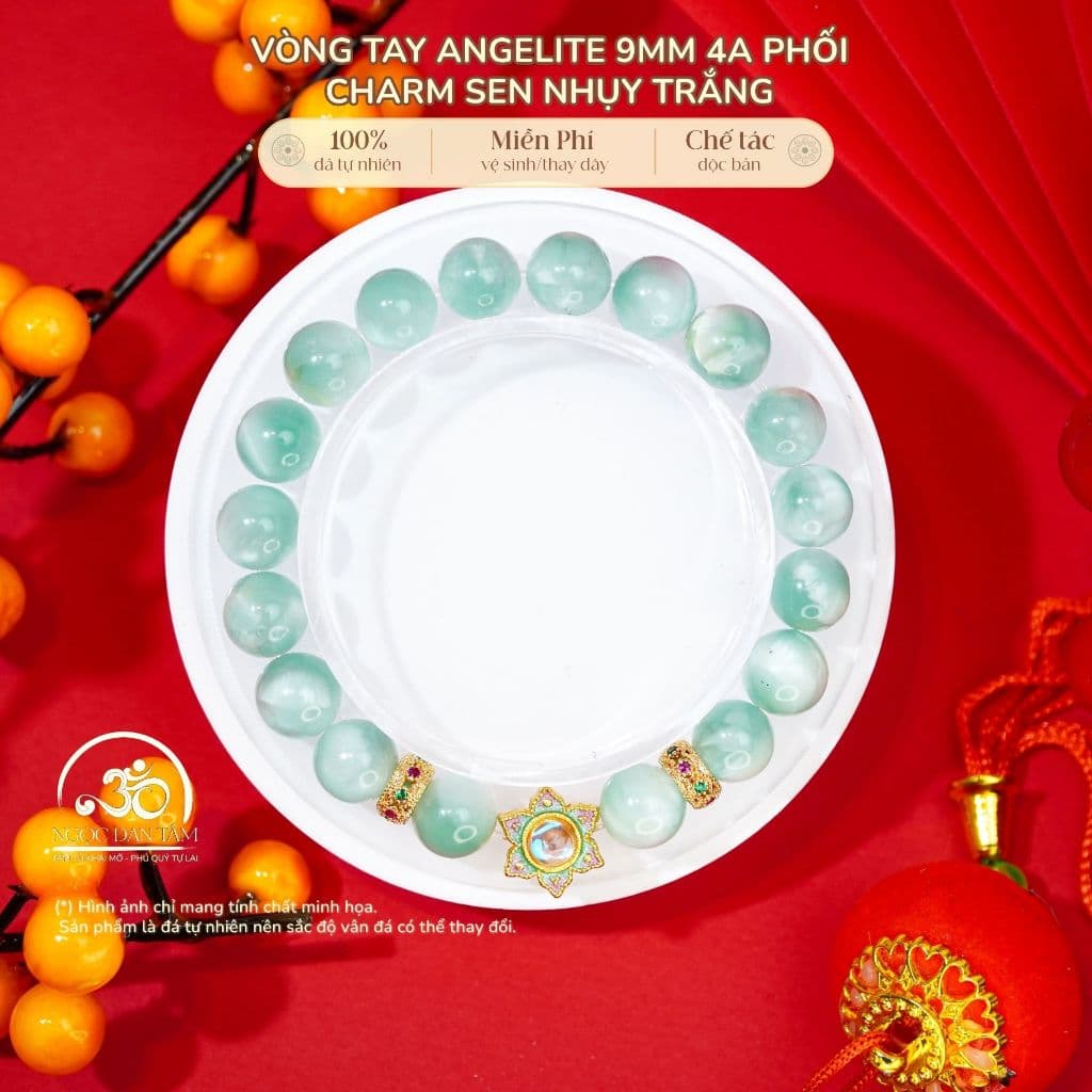 Ngọc Đan Tâm - Vòng Tay Angelite 9mm 4A Phối Charm Sen Nhụy Trắng
