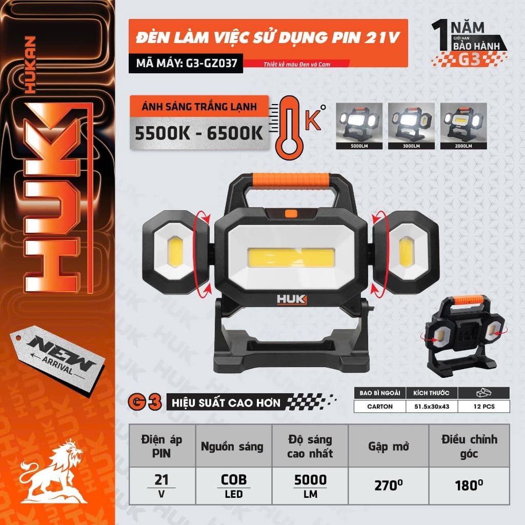 Thân Đèn Chiếu Sáng HUKAN G3-GZ037, Ánh Sáng Trằng Lạnh 6500k, 3 Đèn Gập Mở, Chân Pin Phổ Thông