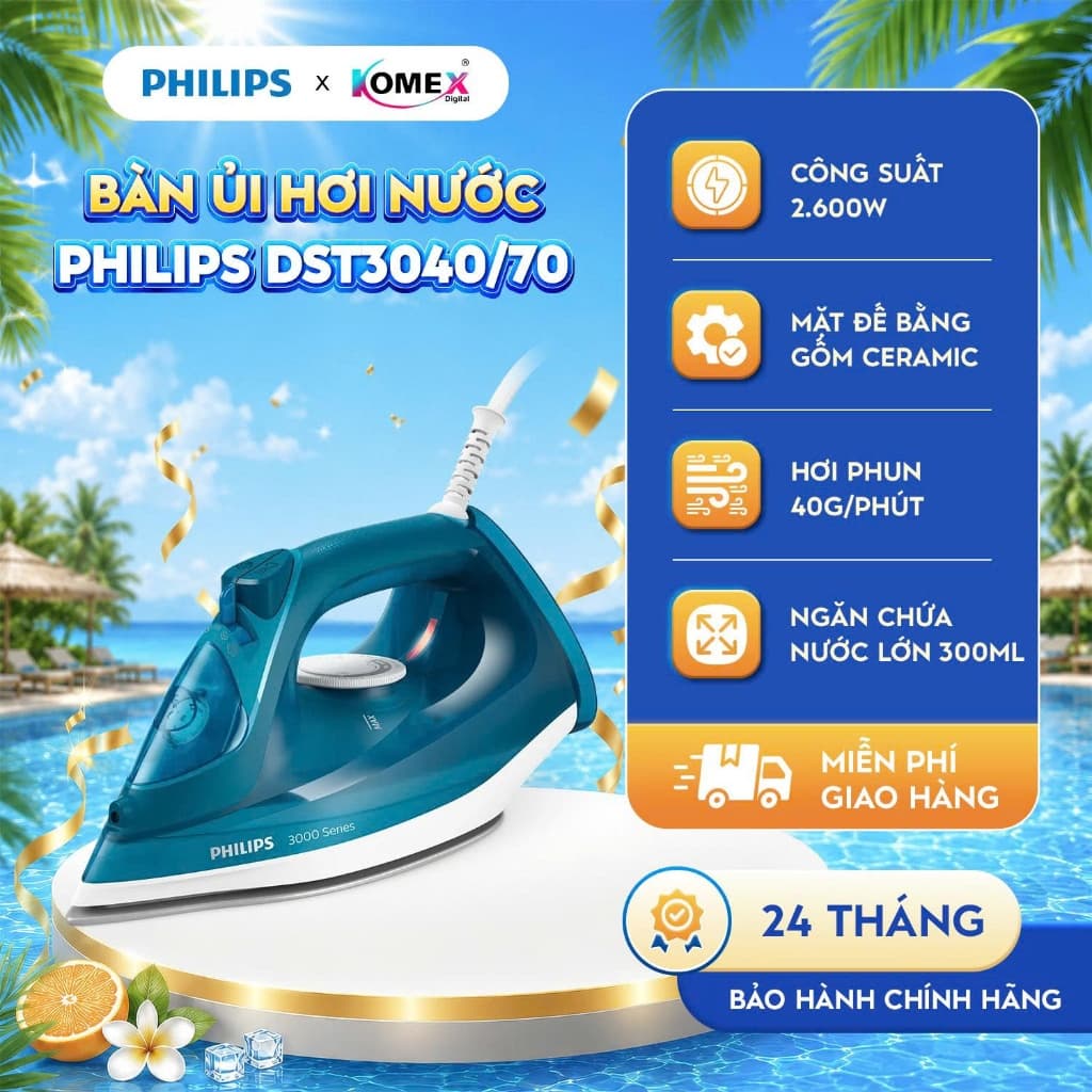 Bàn ủi hơi nước Philips DST3040/70 - Công suất 2600W - Tự động ngắt điện - Bảo hành 24 tháng