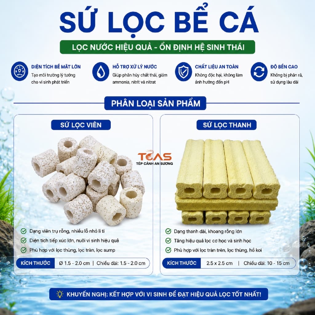 Sứ lọc vật liệu lọc bể cá, bể thủy sinh - Sứ thanh hoa mai vàng, sứ nhẫn, sứ viên