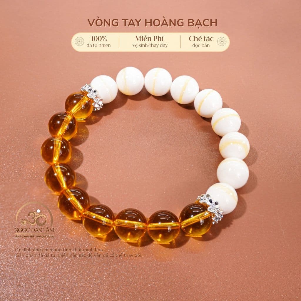 Ngọc Đan Tâm - Vòng Tay Hoàng Bạch ( Thạch Anh Vàng 5A 9mm + Vỏ Sò Tai Tượng 3A 10mm )