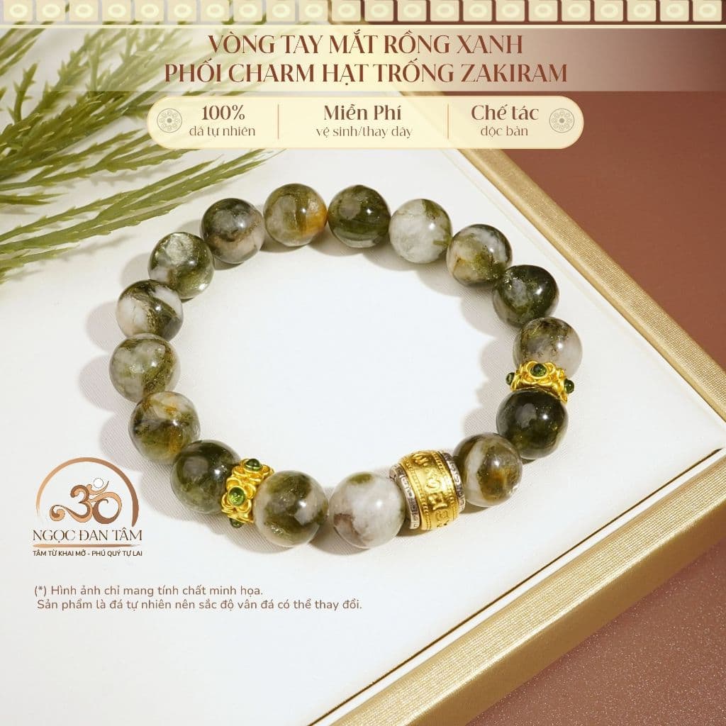 Ngọc Đan Tâm - Vòng Tay Mắt Rồng Xanh Phối Charm Hạt Trống Zakiram 10mm 2A