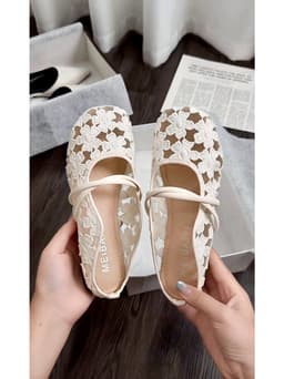 Giày Búp Bê Nữ Quai Ngang SETINA Ren Hoa Nổi Quai Đôi Đế Bệt (Chân Mập Tăng Size) GSRH320 3