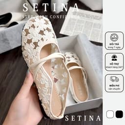 Giày Búp Bê Nữ Quai Ngang SETINA Ren Hoa Nổi Quai Đôi Đế Bệt (Chân Mập Tăng Size) GSRH320 1
