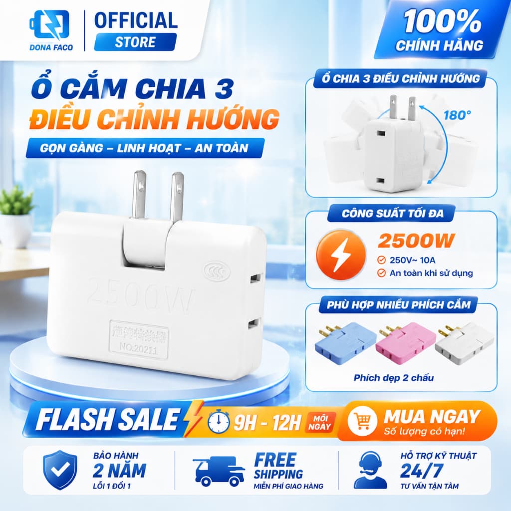 Ổ chia điện đa năng 3 cửa, Ổ cắm chuyển đổi thông minh chịu tải cao 2500W, Ổ Cắm Chuyển Đổi Chia 3