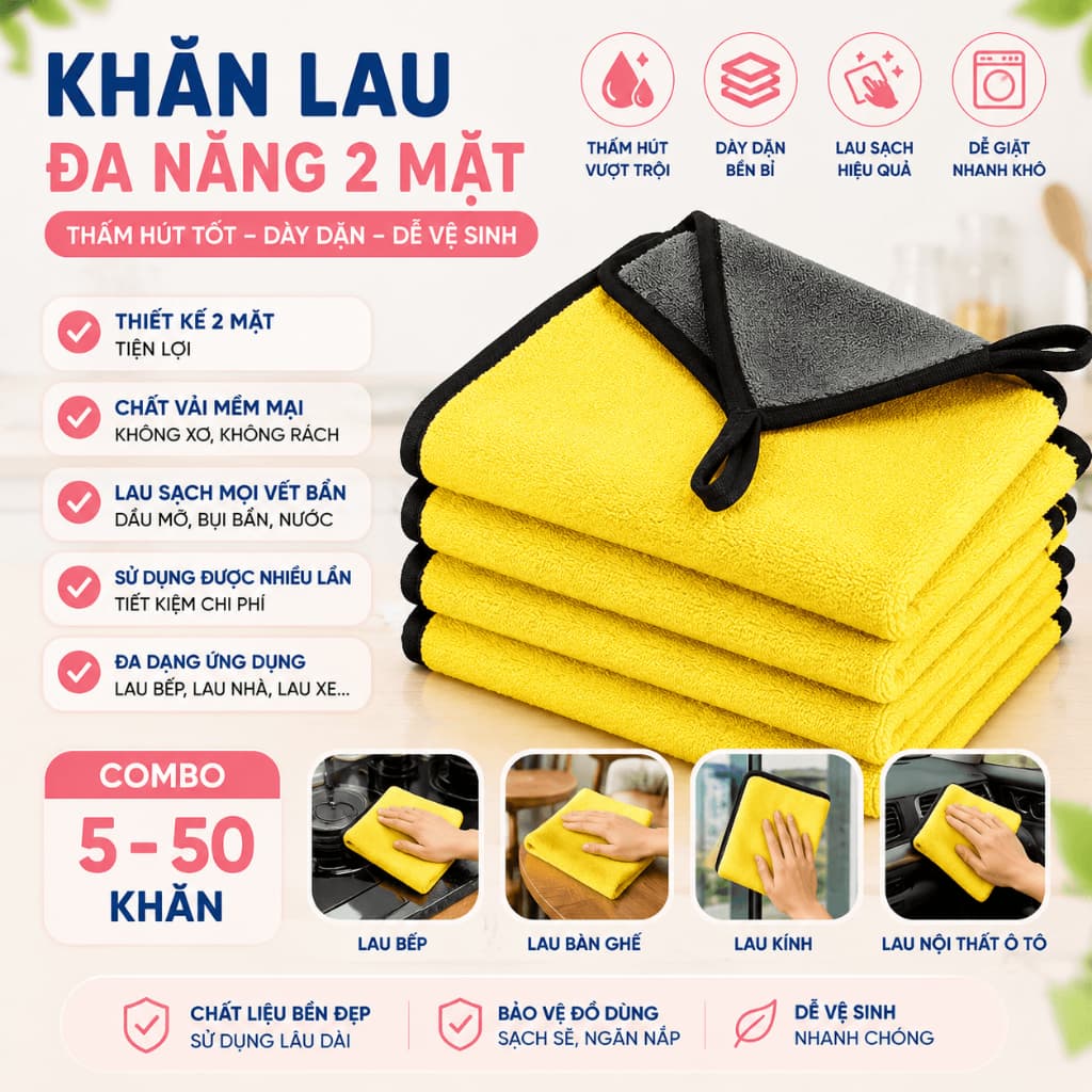 [ Xuất HĐ] Combo 5 - 30 Khăn Lau Đa Năng 2 Mặt, Thấm Hút Tốt, Dày Dặn, Lau Bếp Lau Nhà Tiện Lợi