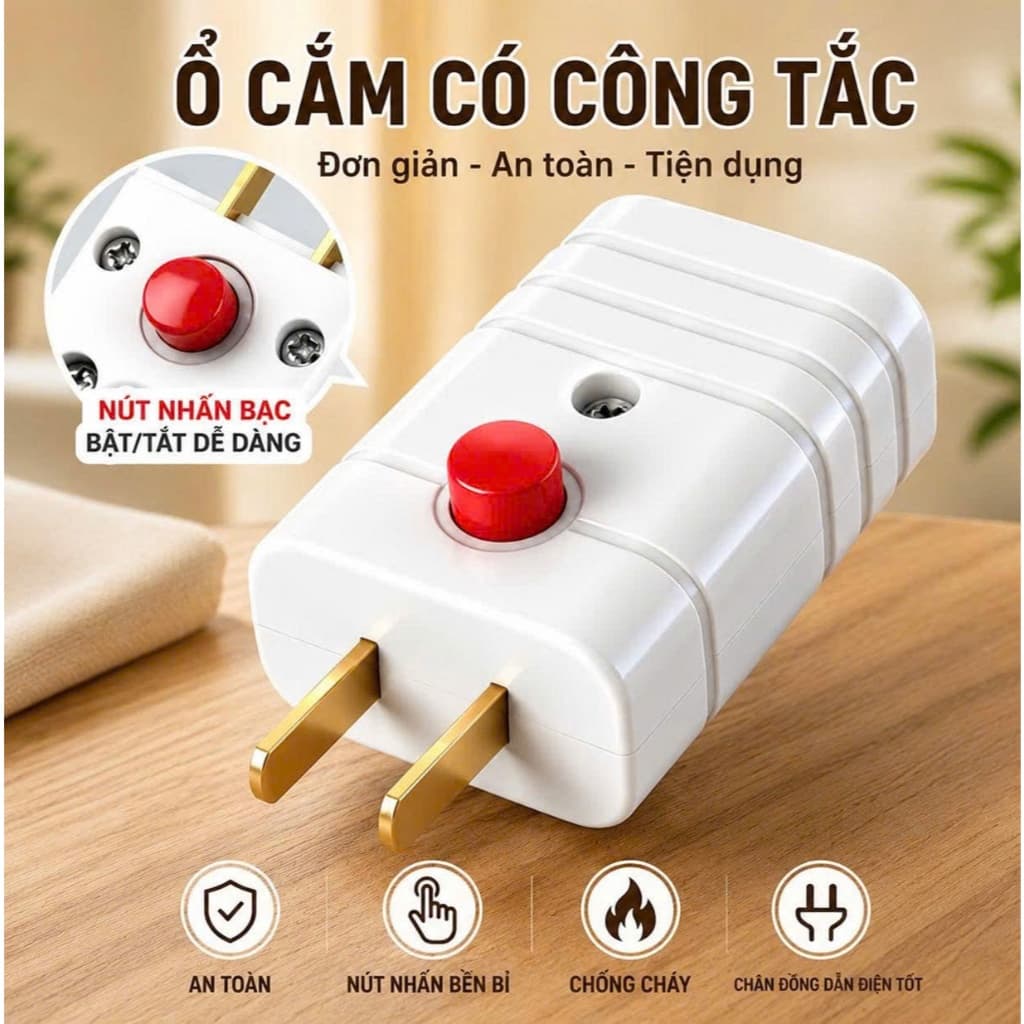 PHÍCH CẮM ĐIỆN NÚT BẤM - COMBO 2 CÁI | PHÍCH CẮM 2 CHÂN 2500W 10A CHÂN ĐỒNG NHỰA PC CHỐNG CHÁY