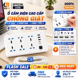 Ổ Cắm Điện Cao Cấp Chống Giật 4 Ô Cắm, 3 Cổng Usb, 1 Cổng Type-C Max 10A 220V Có Công Tắc Dây Dài 5M 1
