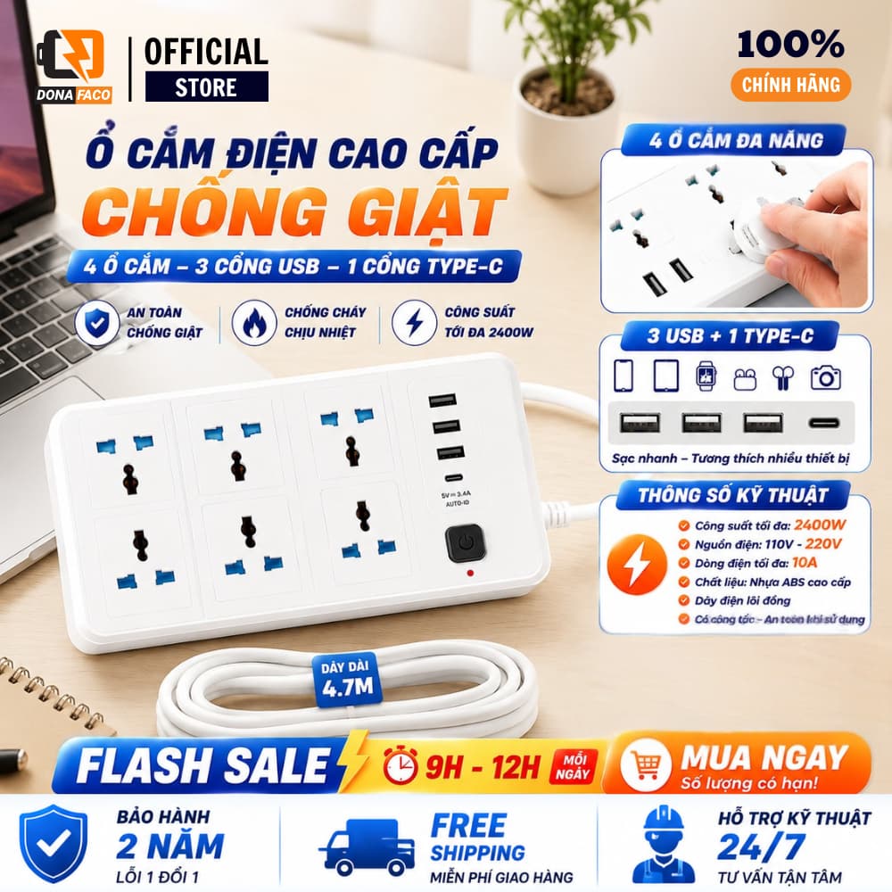 Ổ Cắm Điện Cao Cấp Chống Giật 4 Ô Cắm, 3 Cổng Usb, 1 Cổng Type-C Max 10A 220V Có Công Tắc Dây Dài 5M
