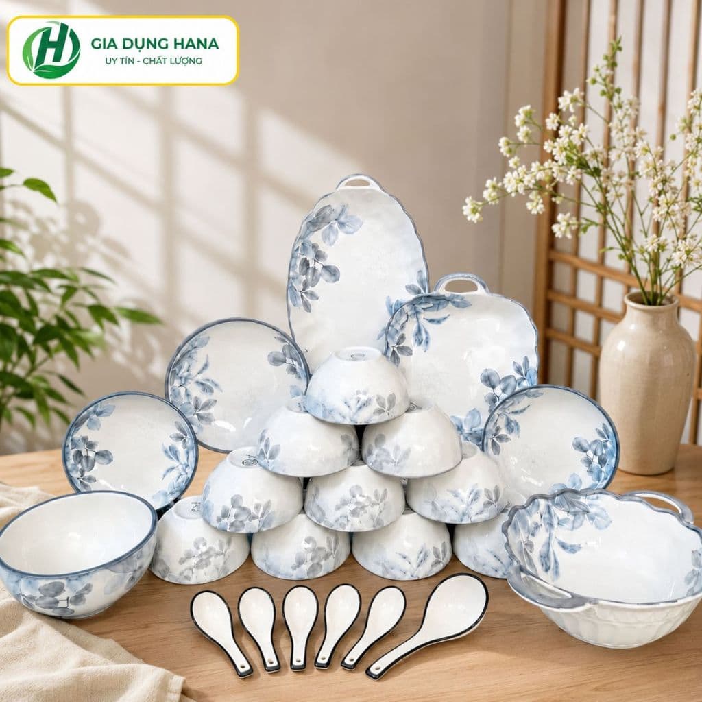 Bộ bát chén đĩa gốm sứ 30 chi tiết - hoa văn hoạ tiết Diệp Hồng bộ đồ ăn cao cấp sang trọng