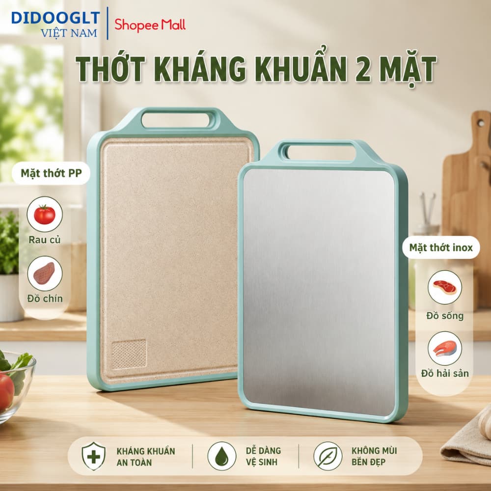 Thớt Kháng Khuẩn 2 Mặt Inox 304 & Nhựa PP Chống Rỉ, Không Ám Mùi, Dùng Thái Thực Phẩm An Toàn