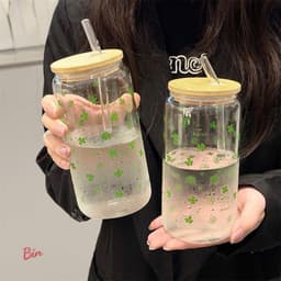 Bình Nước Thuỷ Tinh Hello Kitty Nắp Gỗ 500ml Kèm Ống Hút – Cốc Thuỷ Tinh Cute Phong Cách Hàn Quốc 7