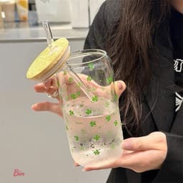 Bình Nước Thuỷ Tinh Hello Kitty Nắp Gỗ 500ml Kèm Ống Hút – Cốc Thuỷ Tinh Cute Phong Cách Hàn Quốc 9