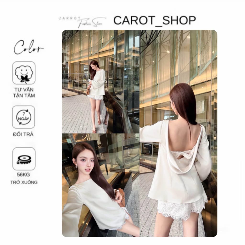 ( BIGSIZE ) VN132 SET ÁO LỤA PHỐI REN HỞ LƯNG PHỐI “ CHUN NƠ “ KÈM QUẦN SANG CHẢNH BY CARROTSHOP