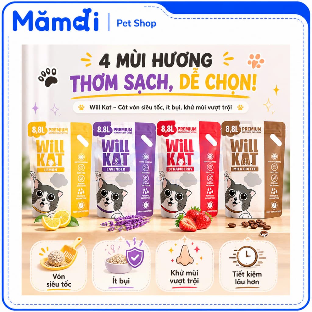 [Combo 3 Túi]Cát Vệ Sinh Cho Mèo Will Kat Litter 8.8L (4kg) Vón Nhanh, Ít Bụi, Khử Mùi