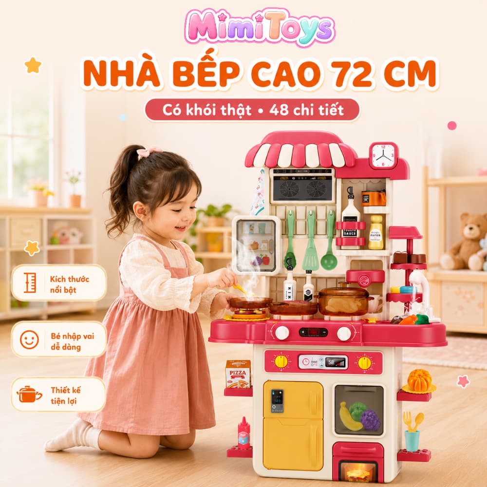 Bộ Đồ Chơi Bếp Nấu Ăn 48 Chi Tiết Cỡ Lớn 72cm MimiToys - Có Khói, Âm Thanh Và Vòi Nước Cho Bé