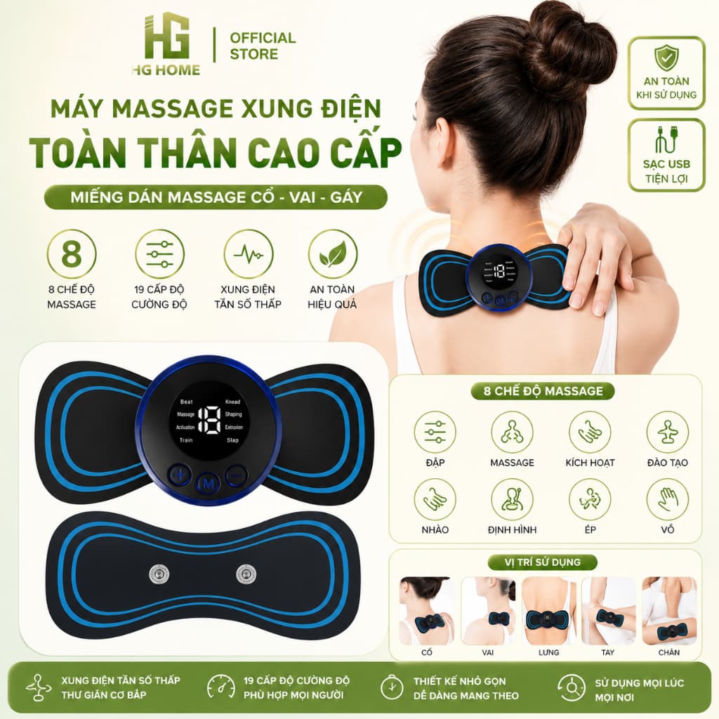 Máy Massage Toàn Thân Xung Điện Cao Cấp HGHOME, Miếng Dán Massage Cổ Vai Gáy 8 Chế Độ [HÀNG TỐT]