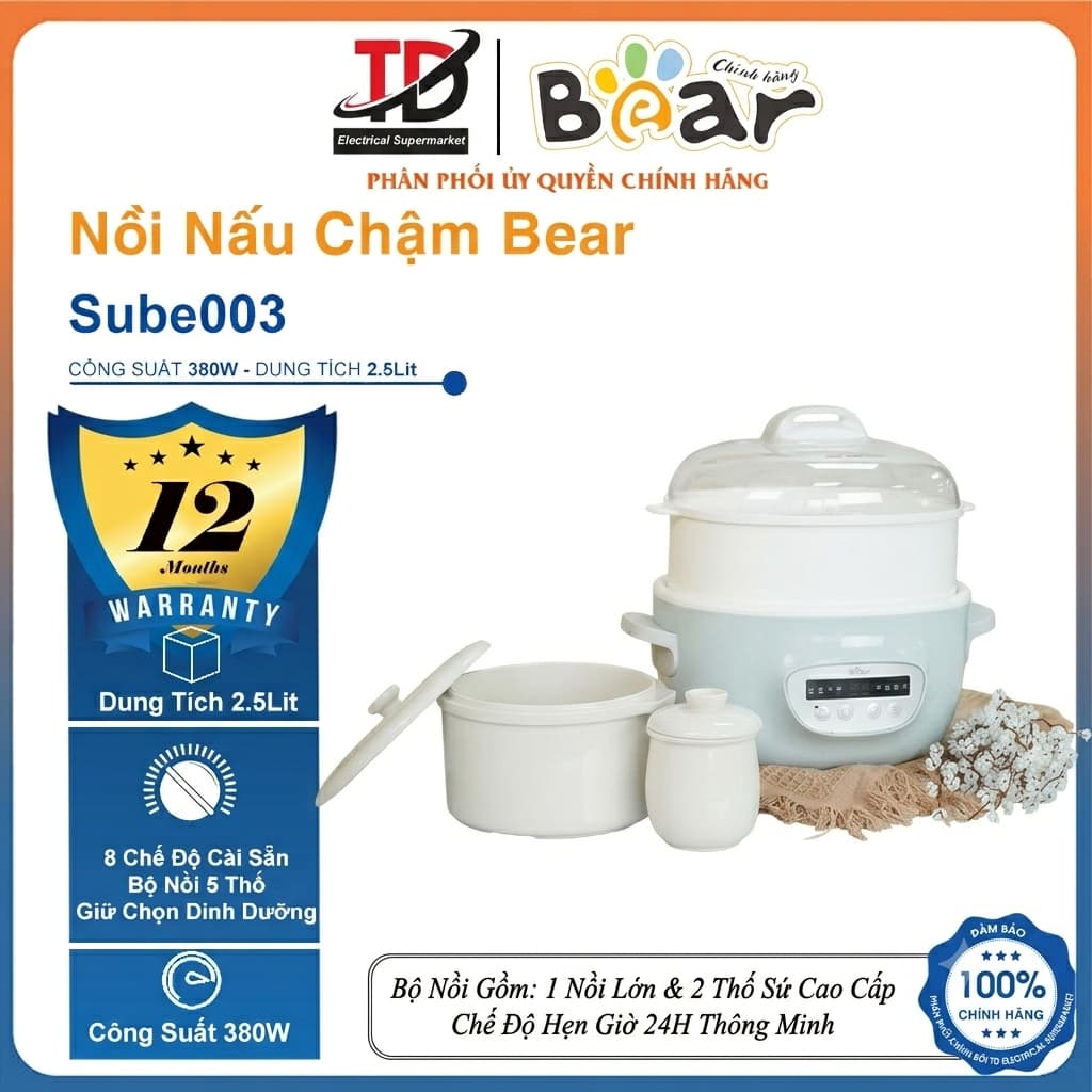 Nồi Nấu Chậm Bear SUBE003, 2,5Lit - 380w ,Bản Tiếng Việt - 8 chế độ nấu đa dạng, Hàng Chính Hãng