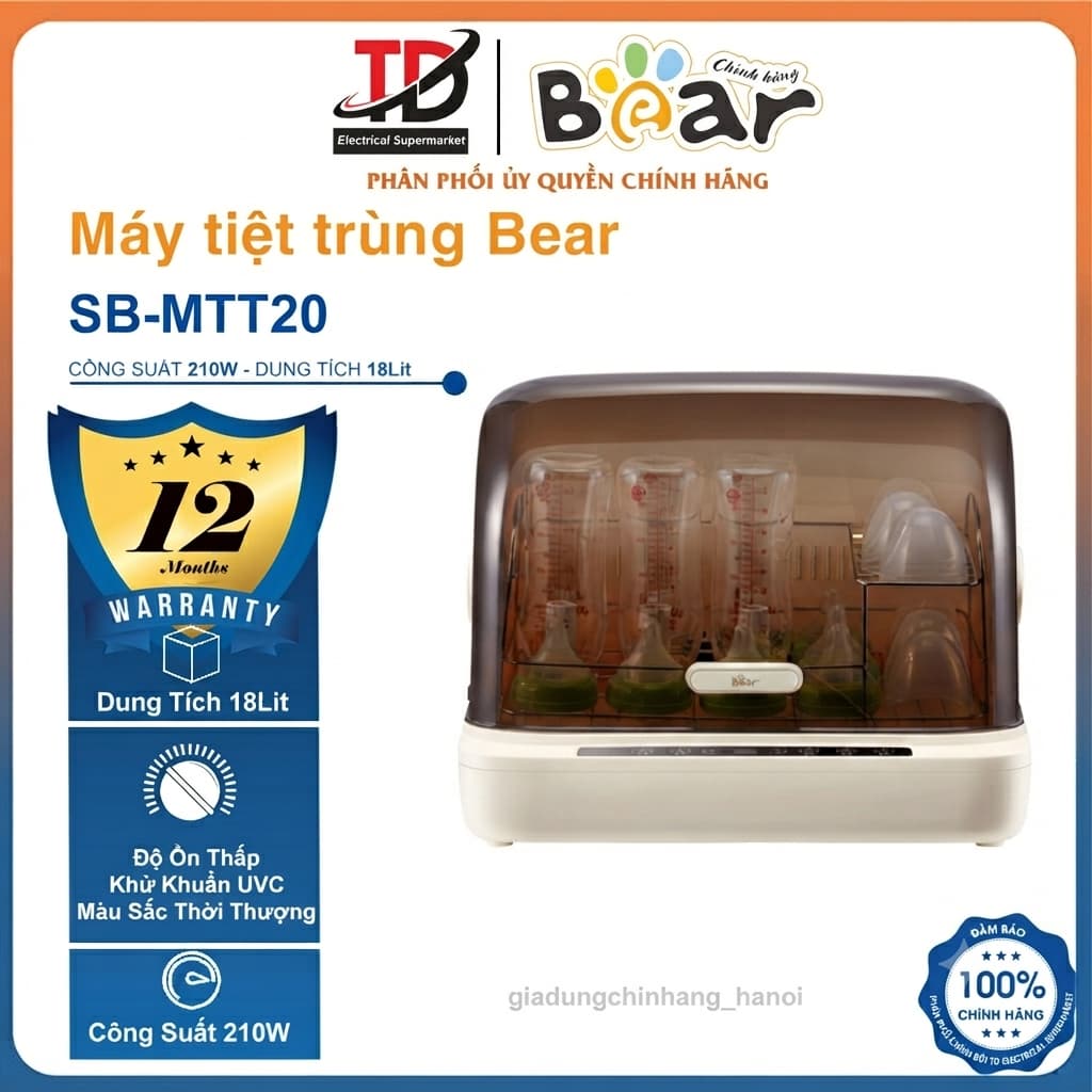 Máy Tiệt Trùng Bear SB-MTT20, Dung Tích 18Lit - Tia UV Tự Động Sấy Khô Ti Giả Bình Sữa, An Toàn Chịu Nhiệt Cao