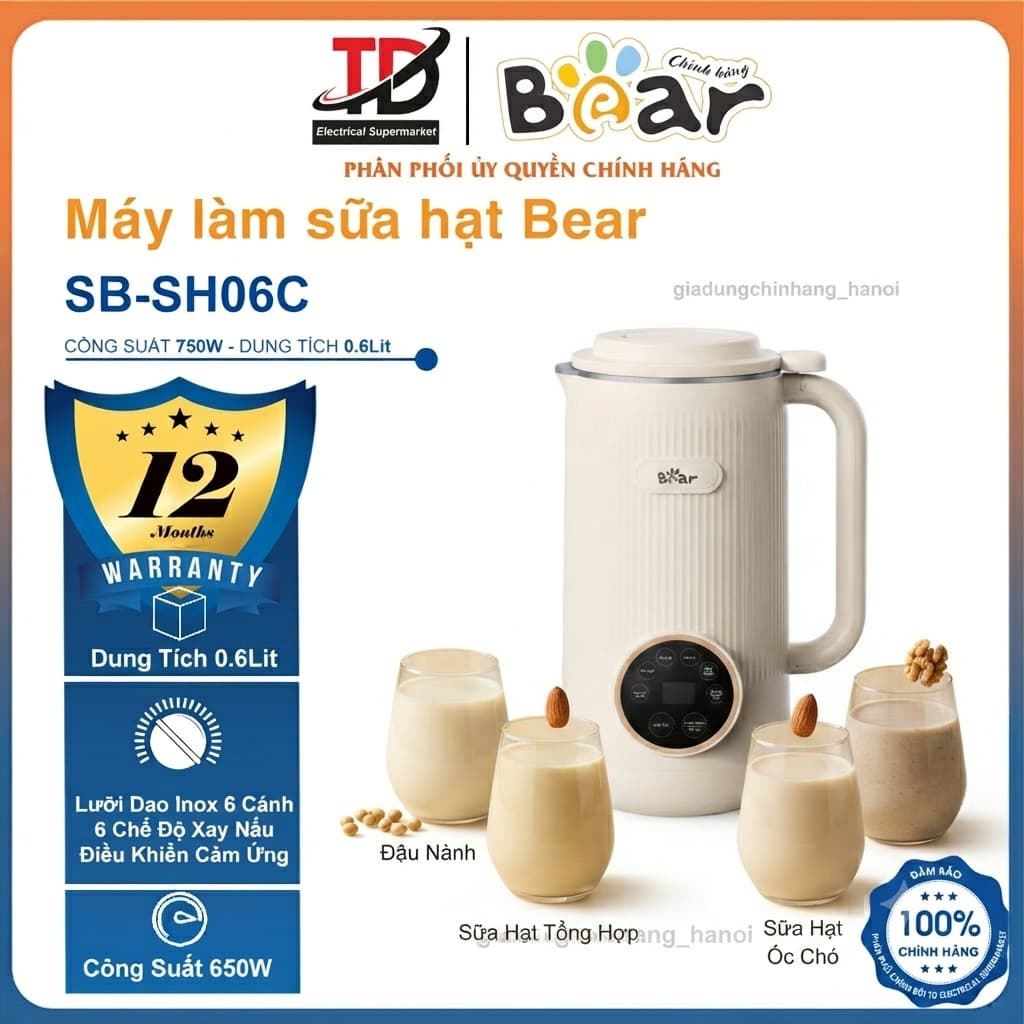 Máy Làm Sữa Hạt Bear SB-SH06C, 0.6Lit - 750w, 6 Chế Độ Xay Nấu, Hàng Chính Hãng