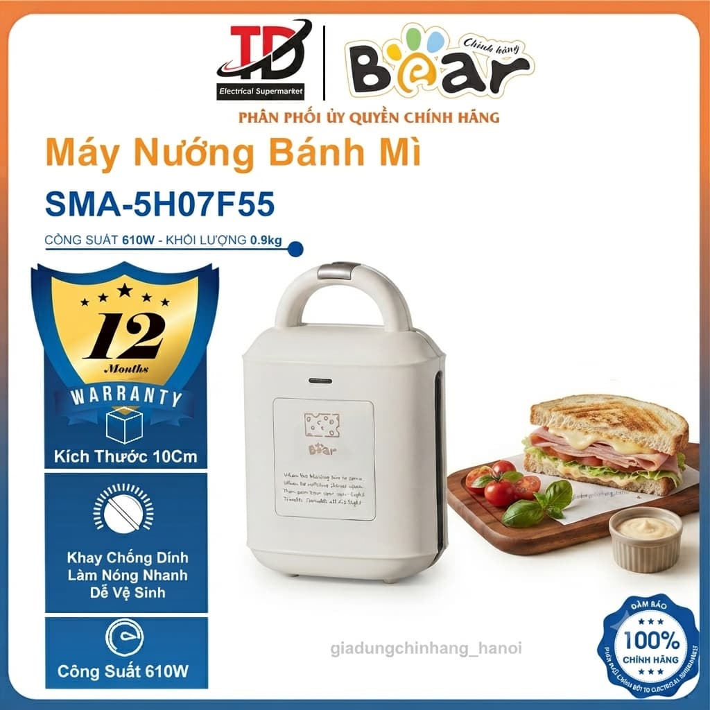 Máy Nướng Bánh Mì Sandwich BEAR  SMA-5H07F55, Công Suất 610w - 2 Khay Chống Dính, Dễ vệ Sinh. Hàng Chính Hãng