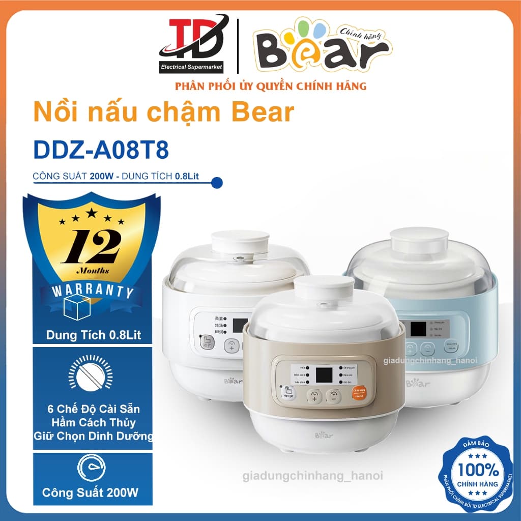 Nồi Nấu Chậm Bear DDZ-A08T8, 0.8L - Công suất 200W - 5 chế độ nấu tự động, Hàng Chính Hãng