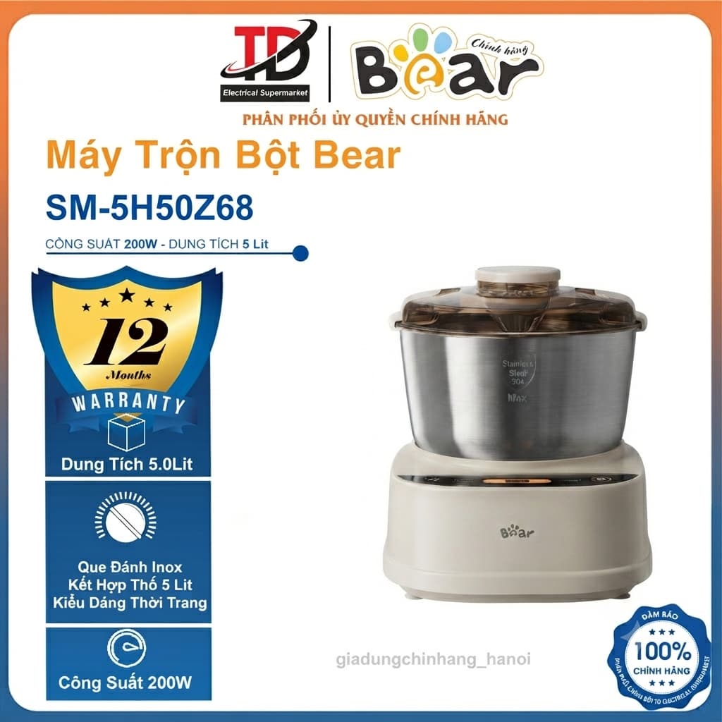 Máy Trộn Bột Bear SM-5H50Z68, Dung Tích 5Lít - Công Suất 180W, Nhồi Và Ủ Tự Động, Hàng Chính Hãng